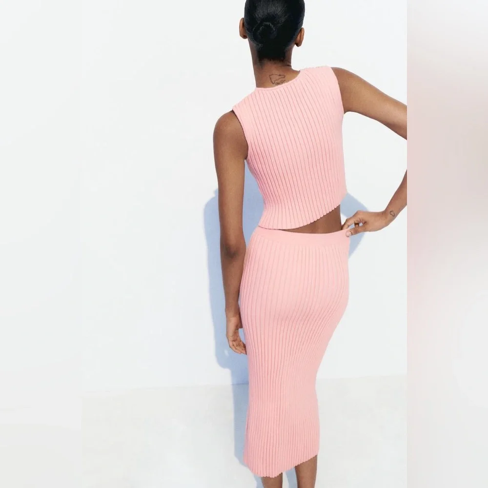 Zara Pink Ribbed Knit Two-Piece Skirt Set